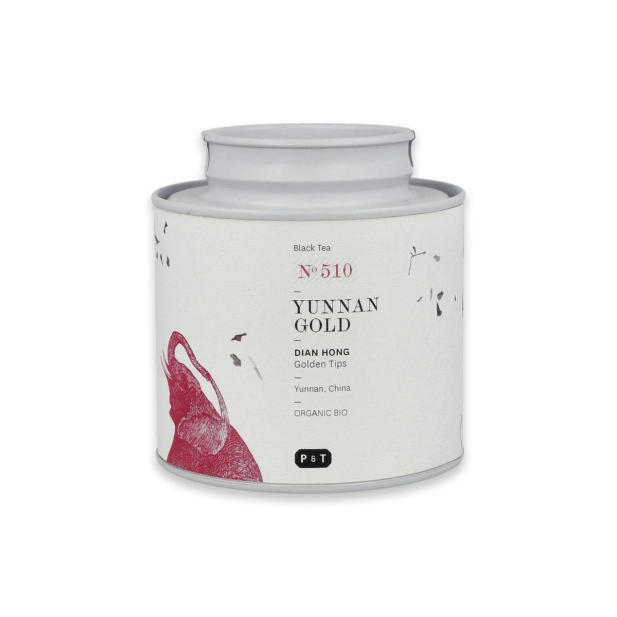Mattweiße zylindrische Dose mit rotem Elefantenmotiv und schwarzer Schrift für YUNNAN GOLD DIAN HONG Tee.
