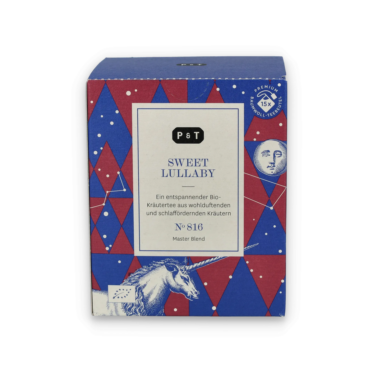 Frontansicht der SWEET LULLABY Bio-Kräutertee-Packung von P & T mit Rautenmuster und Einhorn-Design.