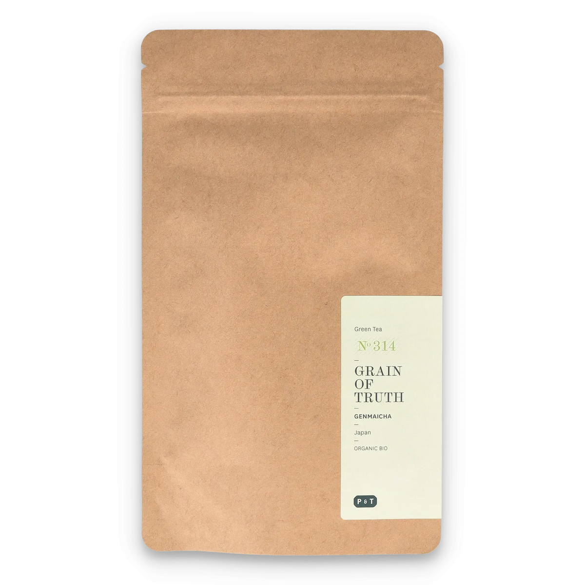 Braune Kraftpapier-Tüte mit Etikett, grüner Bio-Genmaicha-Tee aus Japan, No 314 von Paper & Tea