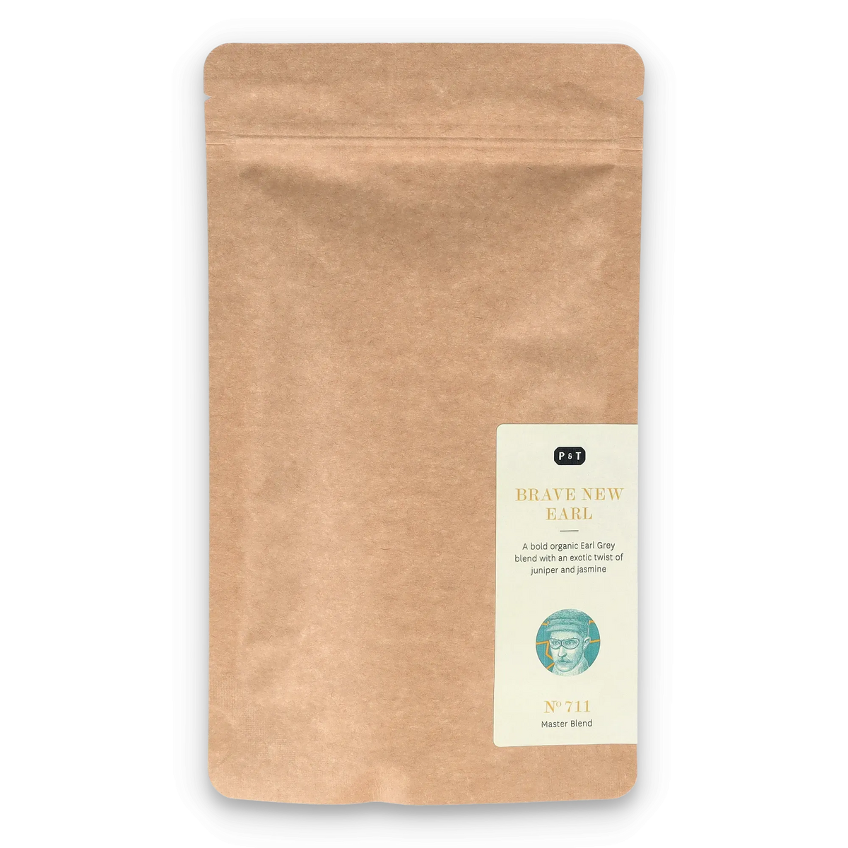 Brauner Kraftpapierbeutel mit Etikett für Bio-Earl-Grey mit Wacholder und Jasmin.