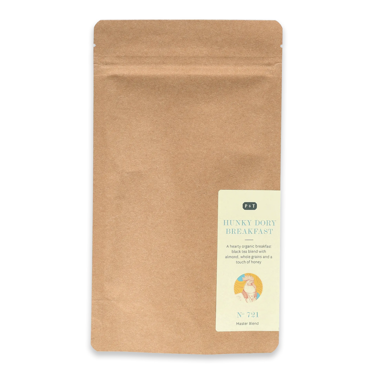 Braune Kraftpapierverpackung mit P & T HUNKY DORY BREAKFAST Aufkleber, Bio-Schwarztee mit Mandel und Honig.