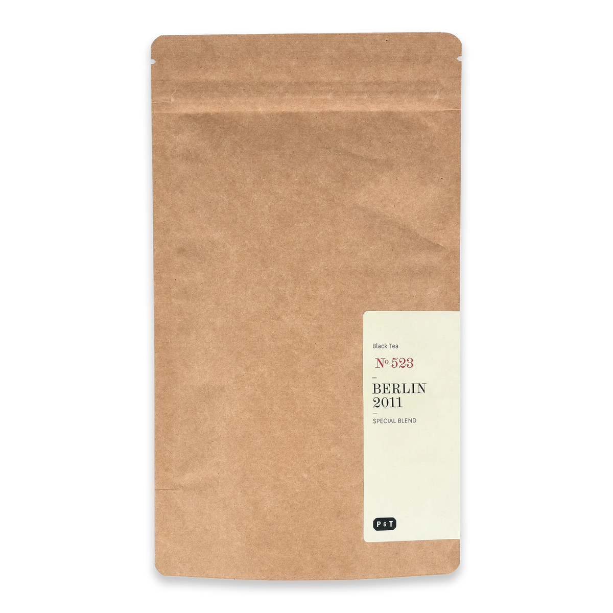 Braune Kraftpapier-Tasche mit Etikett der schwarzen Teemischung BERLIN 2011 Nr. 523 von P & T