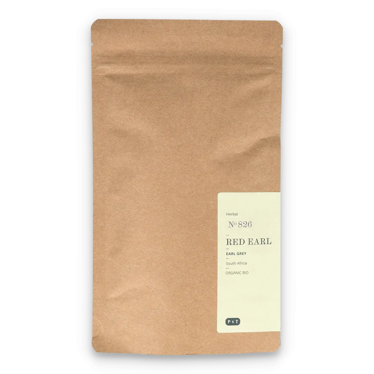 Braune Kraftpapier-Tüte mit Bio-Kräutertee RED EARL Earl Grey aus Südafrika, weißes Etikett
