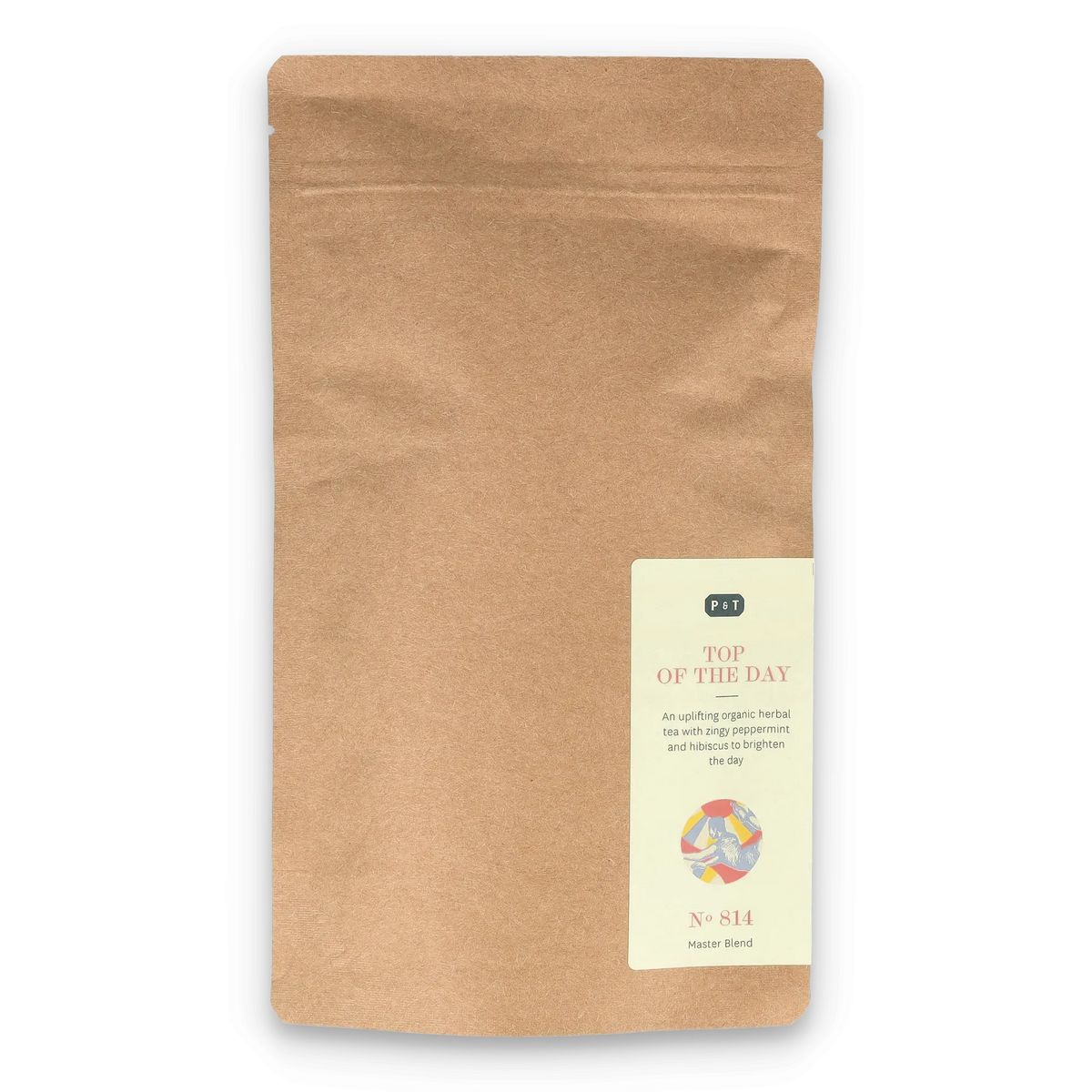 Braune Kraftpapiertüte mit beigem Etikett, Bio-Kräutertee mit Pfefferminze und Hibiskus, Master Blend