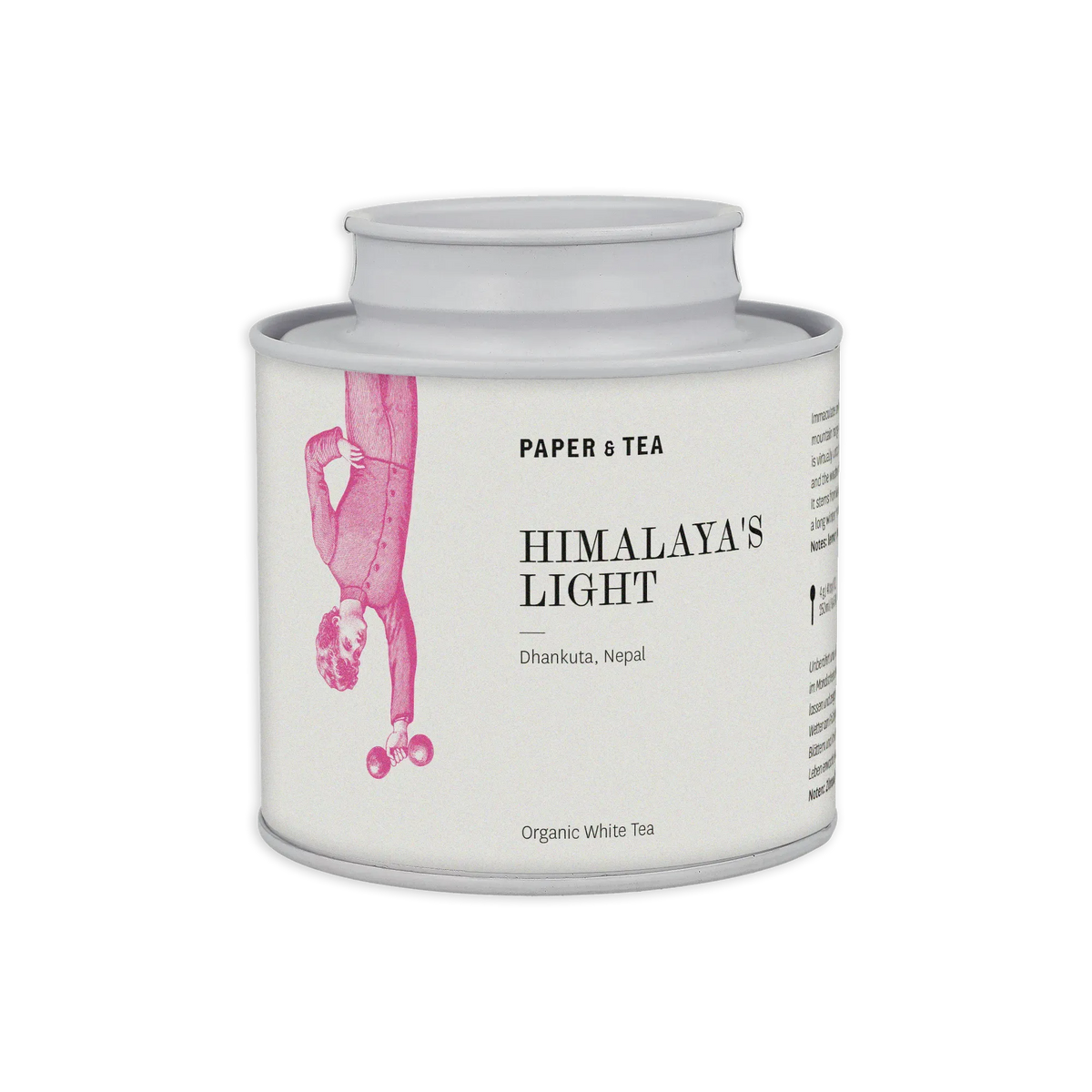 Weißes zylindrisches Teedöschen mit minimalistischem Label und pinkfarbener Himalaya-Illustration.
