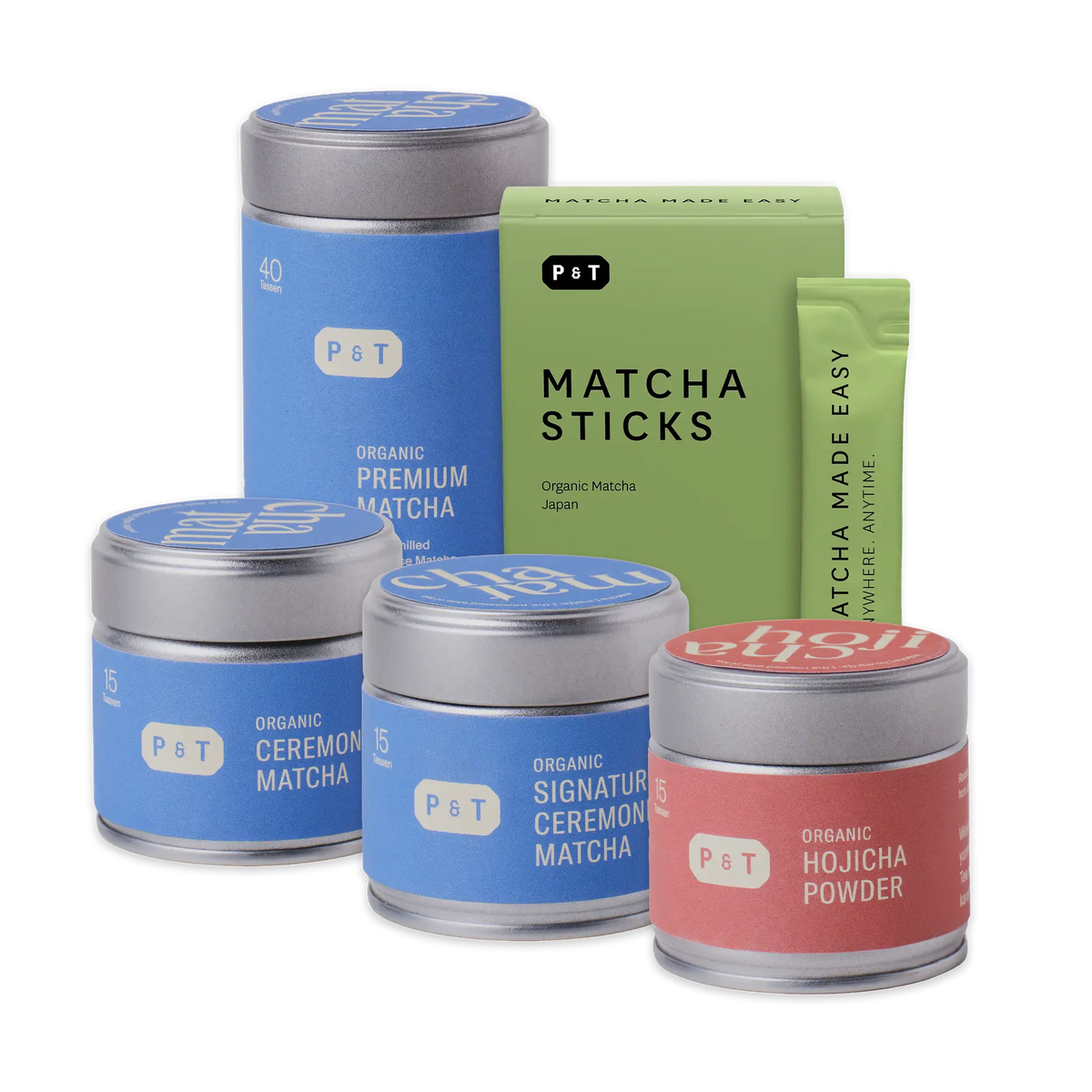 Organische P&T Teemischung mit Premium Matcha in blauer Dose und Matcha Sticks in grünem Karton.