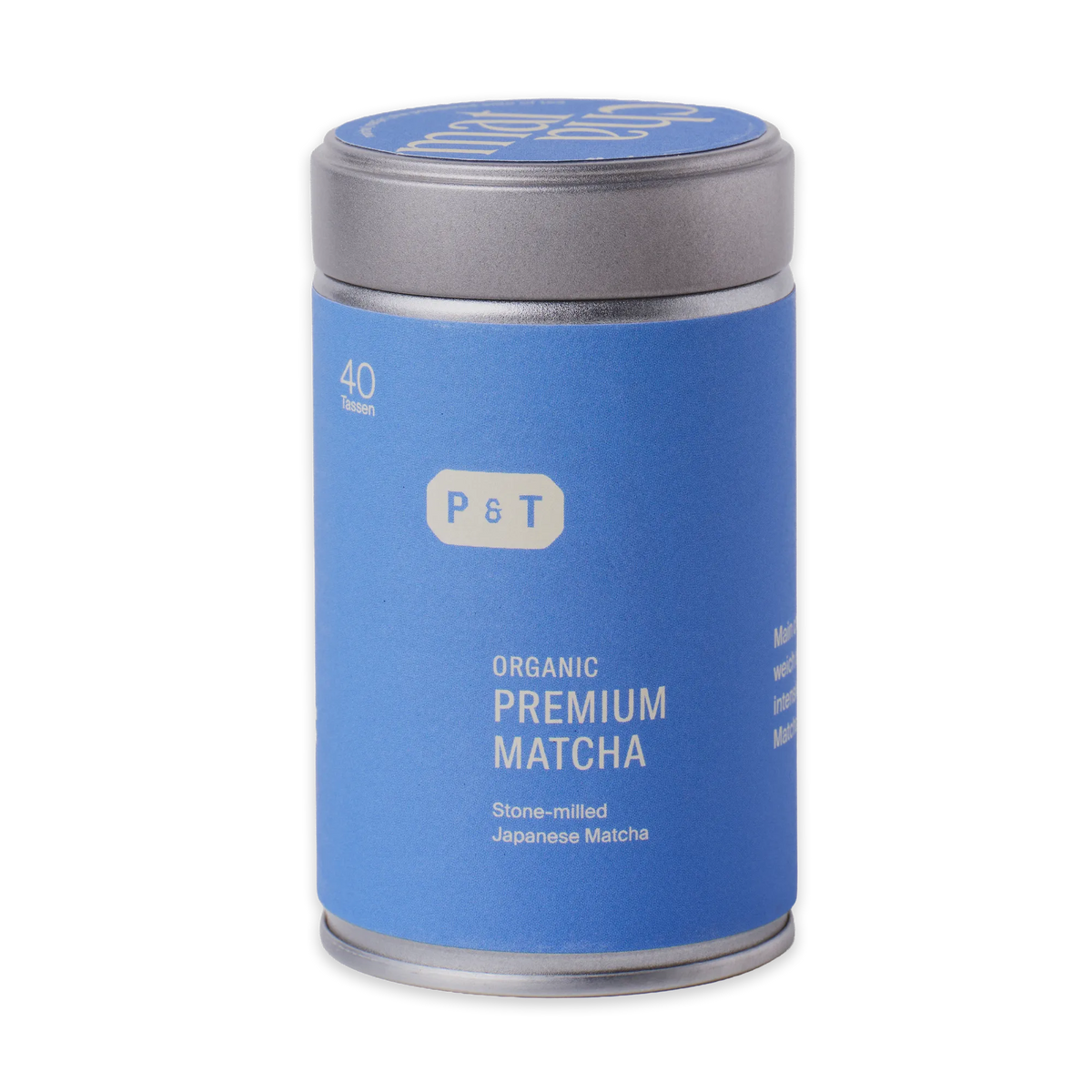 Silberner Zylinderbehälter mit blauem Etikett, P&T Bio Premium Matcha aus Japan, 40 Tassen
