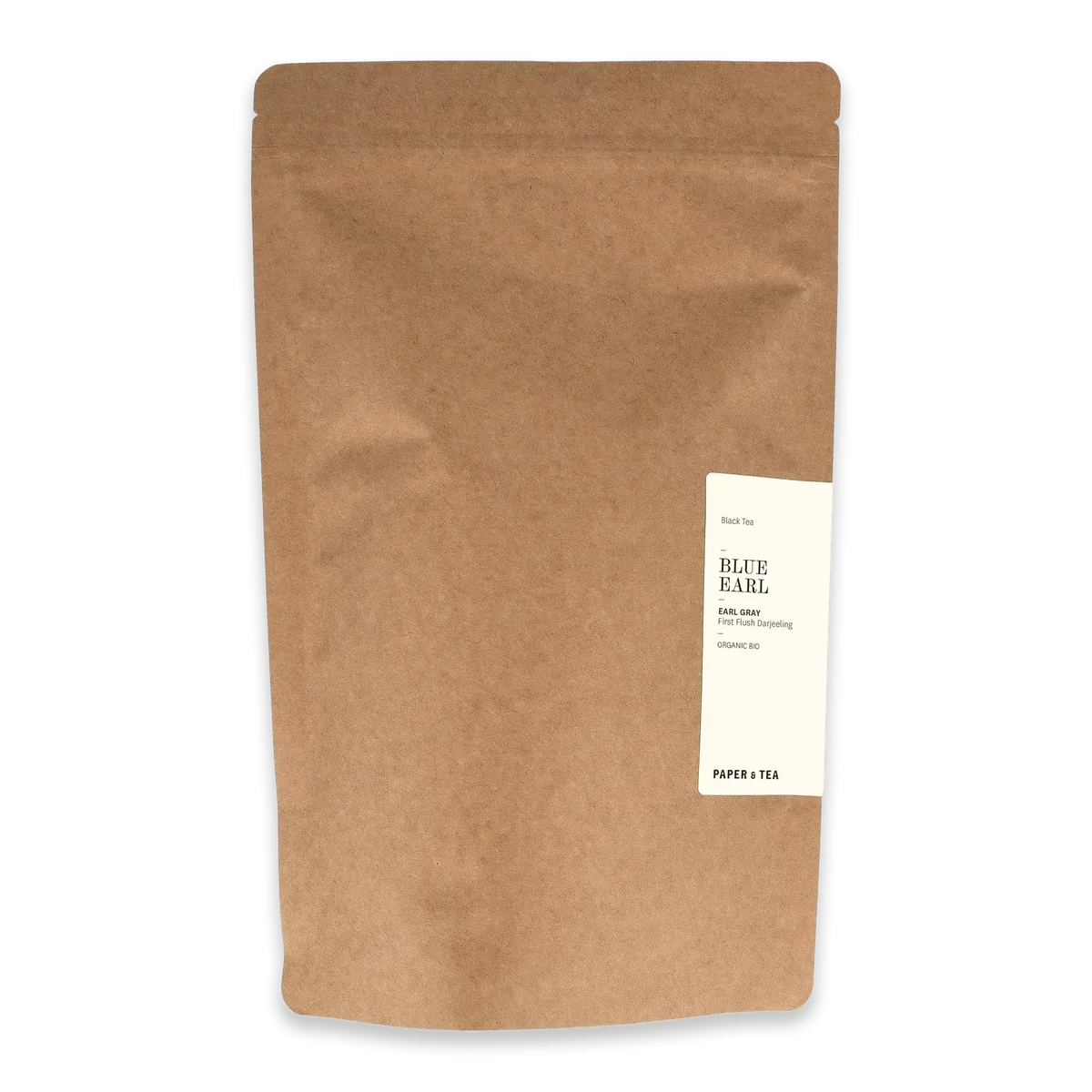 Braune Kraftpapierverpackung mit weißem Etikett von BLUE EARL Bio Earl Gray Darjeeling Schwarztee
