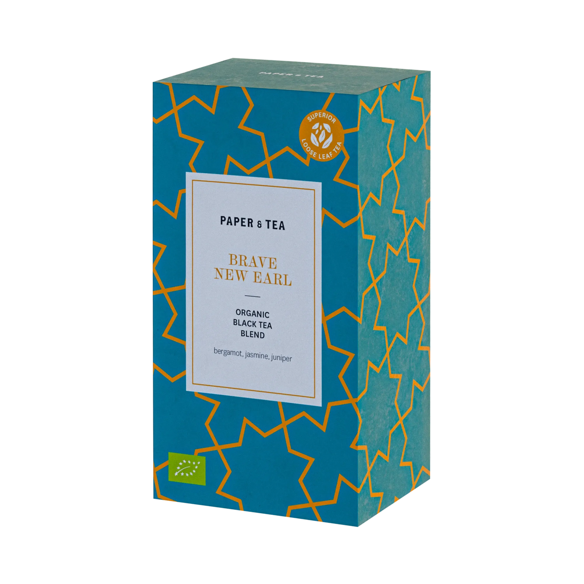 Türkis-orange Verpackung von PAPER & TEA mit Bio-Brave New Earl Schwarztee, Bergamotte, Jasmin, Wacholder.