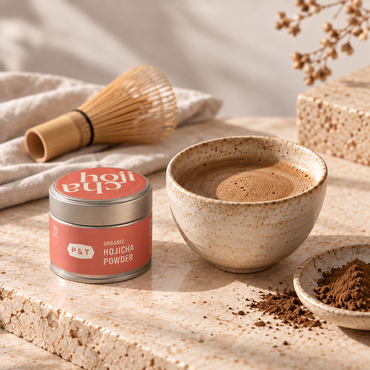 Organischer Hojicha-Pulverbehälter von P&T mit Keramiktasse, Bambusbesen und Teepulver auf hellem Stein.