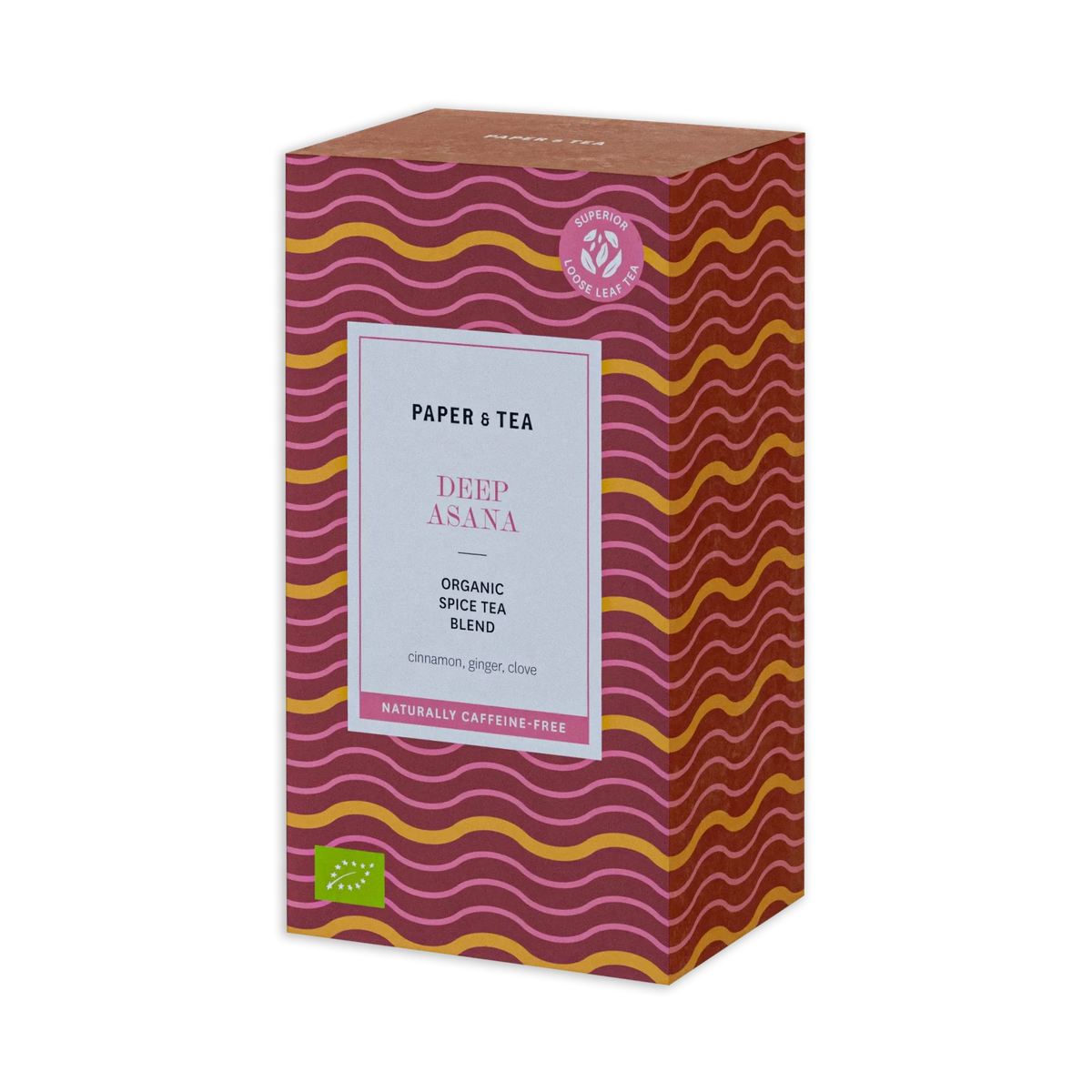 Rechteckige Packung Paper & Tea Deep Asana Bio-Gewürztee, Zimt, Ingwer, Nelke, koffeinfrei, bio