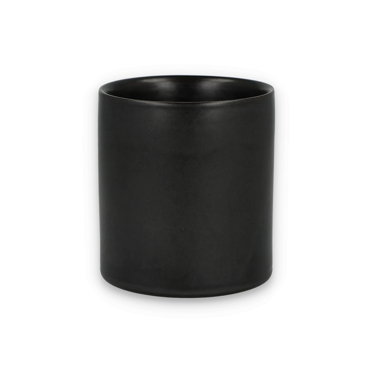 Schwarzer, matter Zylinderbecher mit abgerundetem Rand, minimalistisches Design
