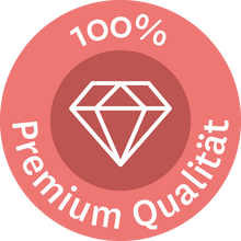 Rundes pinkes Abzeichen mit weißem Diamant und '100 % Premium Qualität' für Teeprodukte