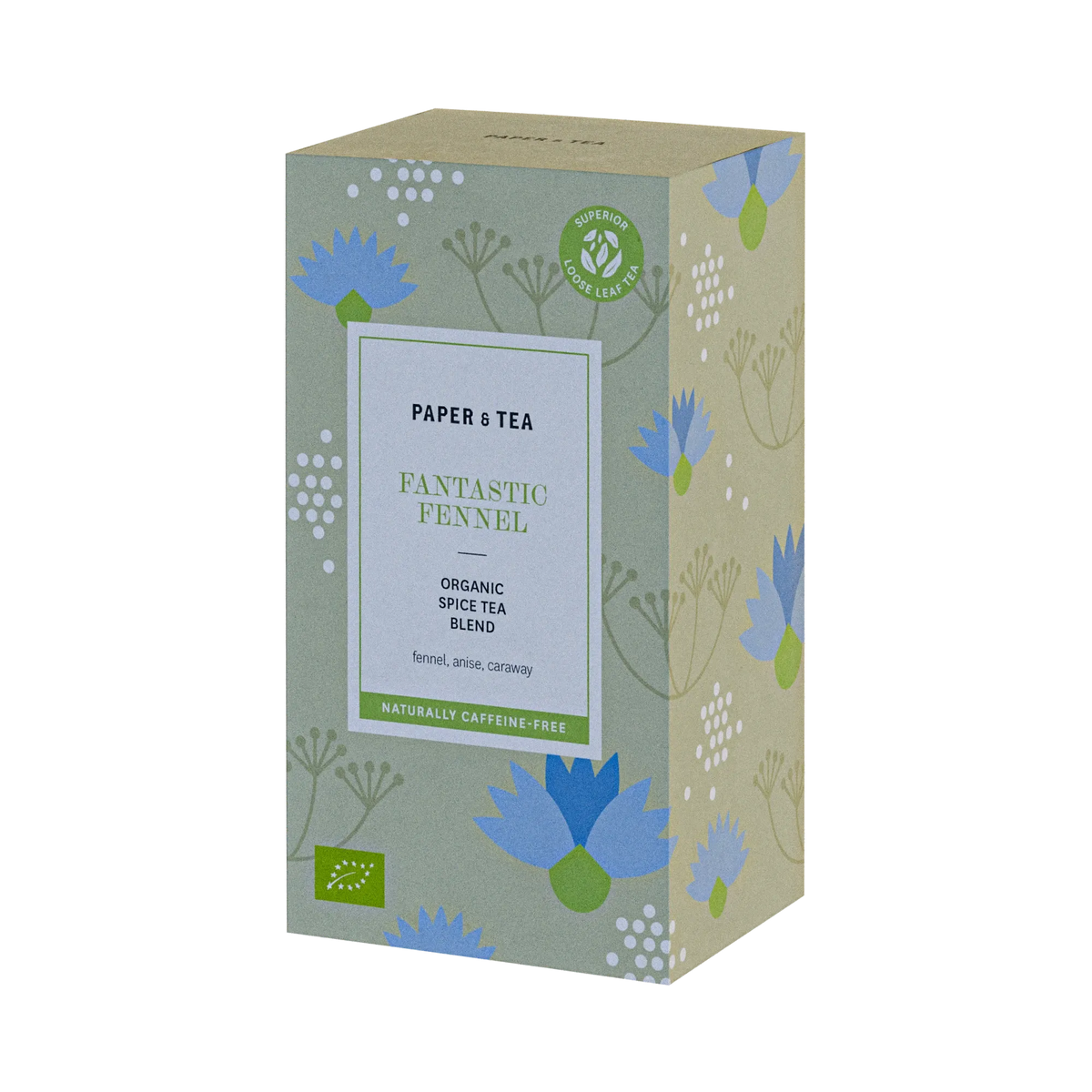 Rechteckige Verpackung von PAPER & TEA Fantastic Fennel Kräutertee mit blauen und grünen Blumenmustern.