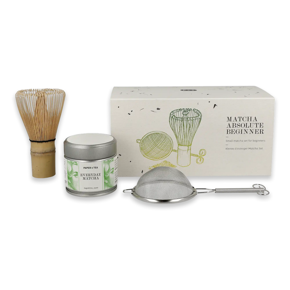 Einsteiger-Matcha-Set mit Teedose, Bambusbesen und Metallsieb für Matcha-Zubereitung.