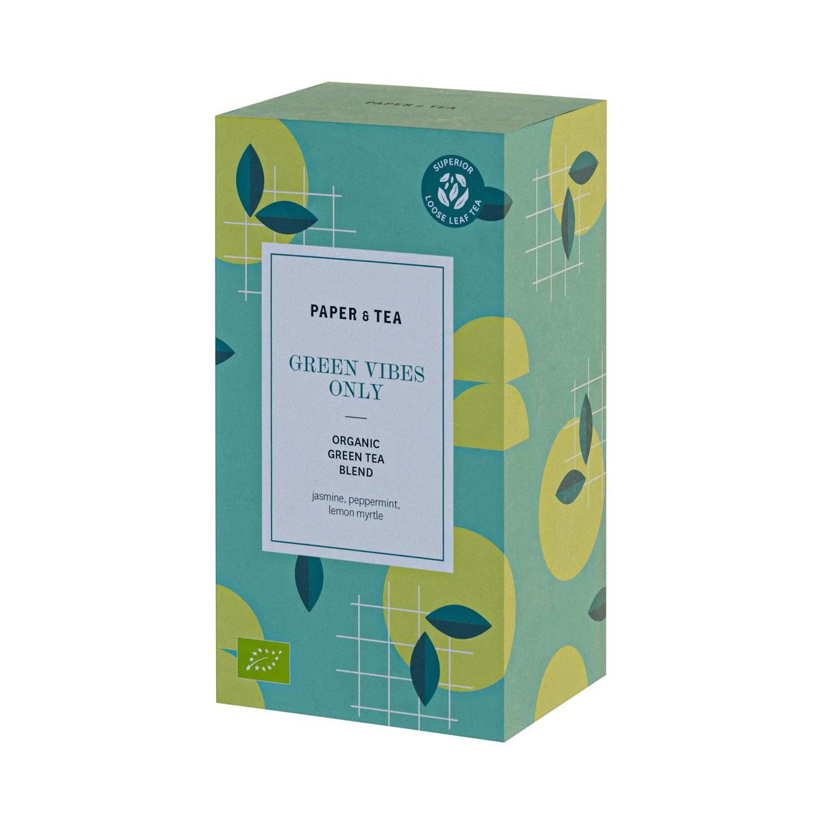 Teebox von Paper & Tea mit Bio-Grüntee-Mischung aus Jasmin, Pfefferminze, Zitronenmyrte