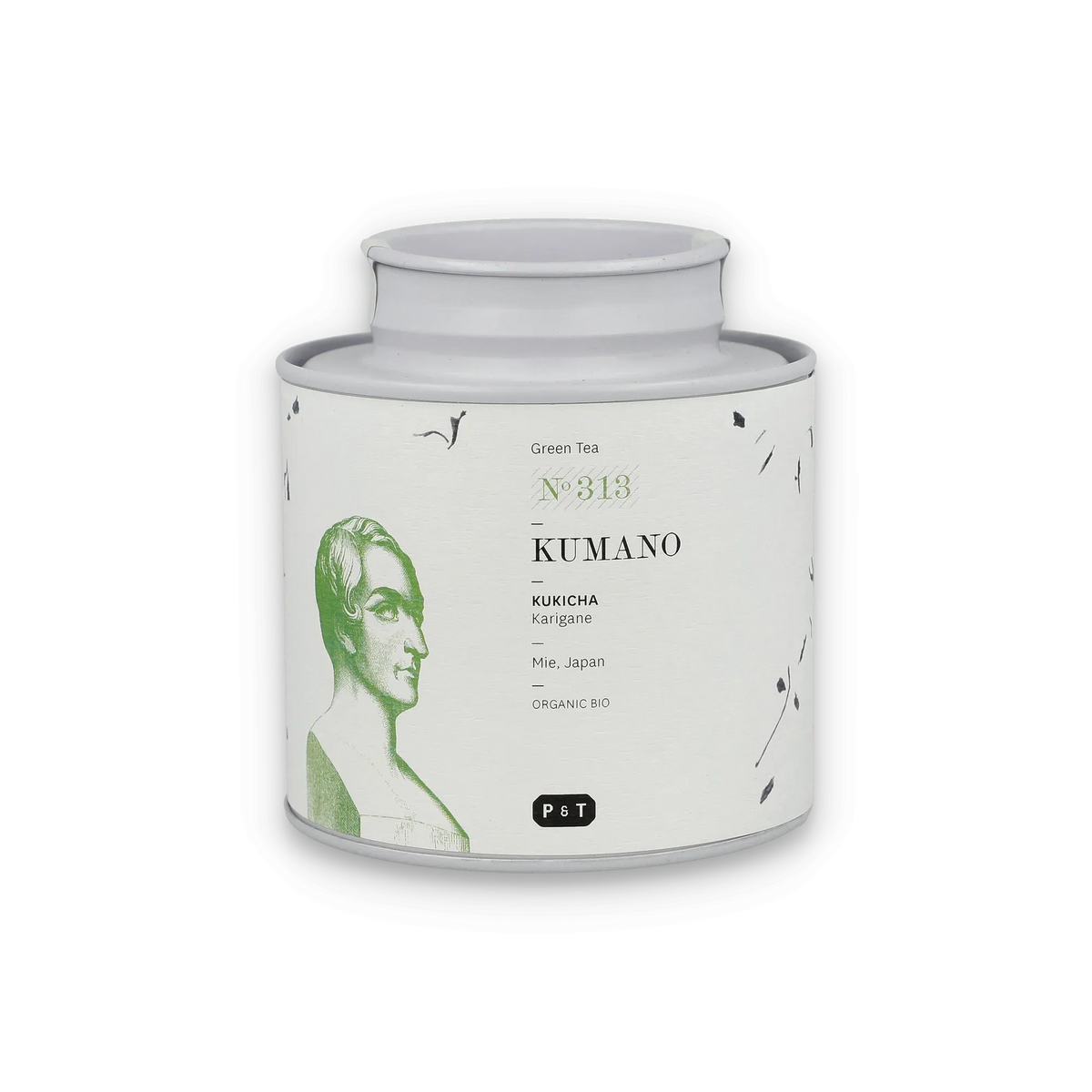 Weiße Teedose mit minimalistischem Etikett für grünen Kukicha Karigane Tee aus Kumano, Japan