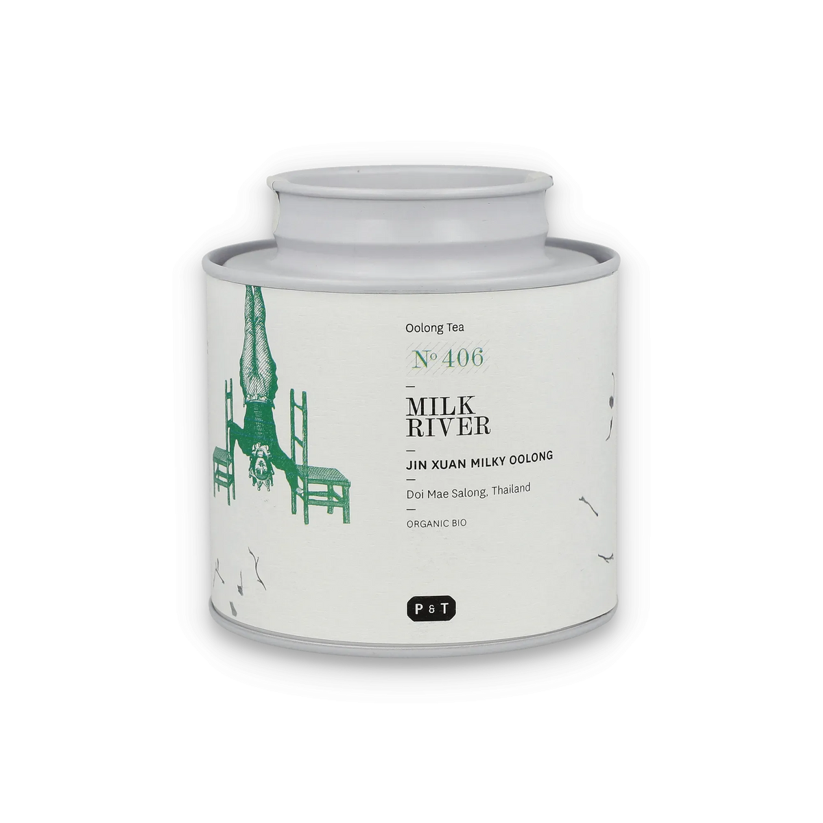 Weiße zylindrische Teedose mit grünem 'Milk River' Aufdruck. Enthält Bio-Oolong-Tee aus Doi Mae Salong.