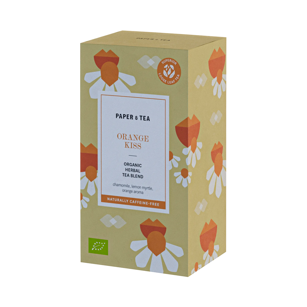 Gelbe Verpackung des ORANGE KISS Kräutertees von PAPER & TEA mit Blumenmuster und Bio-Zertifikat.