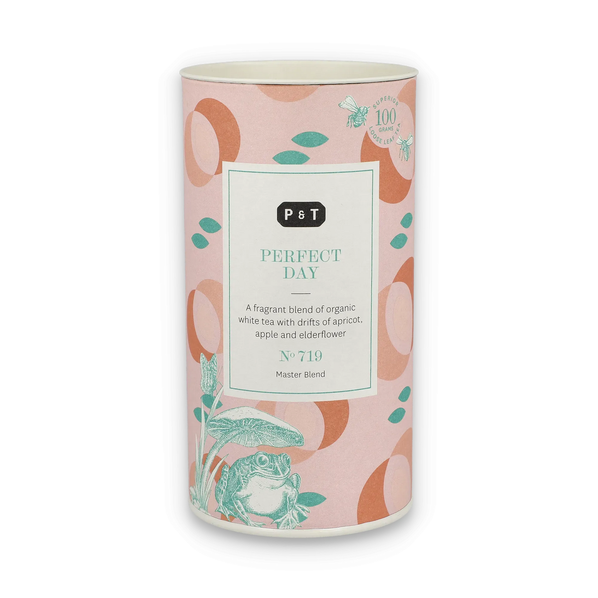 Zylindrisches Teegefäß mit Aufschrift 'PERFECT DAY', enthält weißen Tee mit Aprikose, Apfel, Holunderblüte.