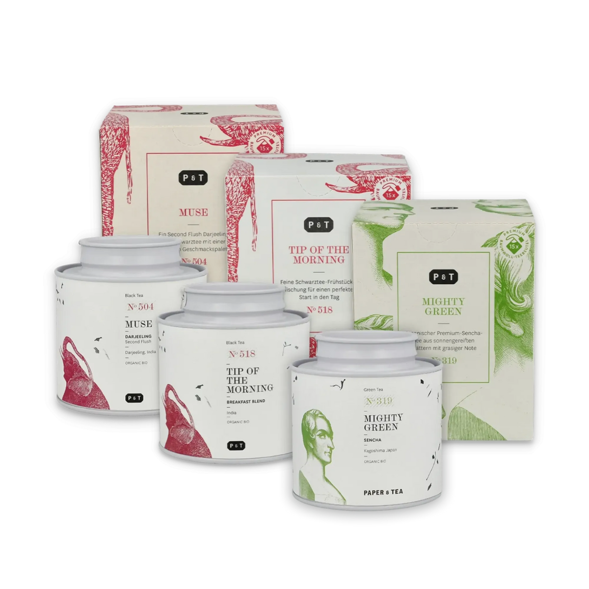 Drei Teedosen und Verpackungsboxen von Paper & Tea mit Kunstillustrationen für Premium-Bio-Teesorten.