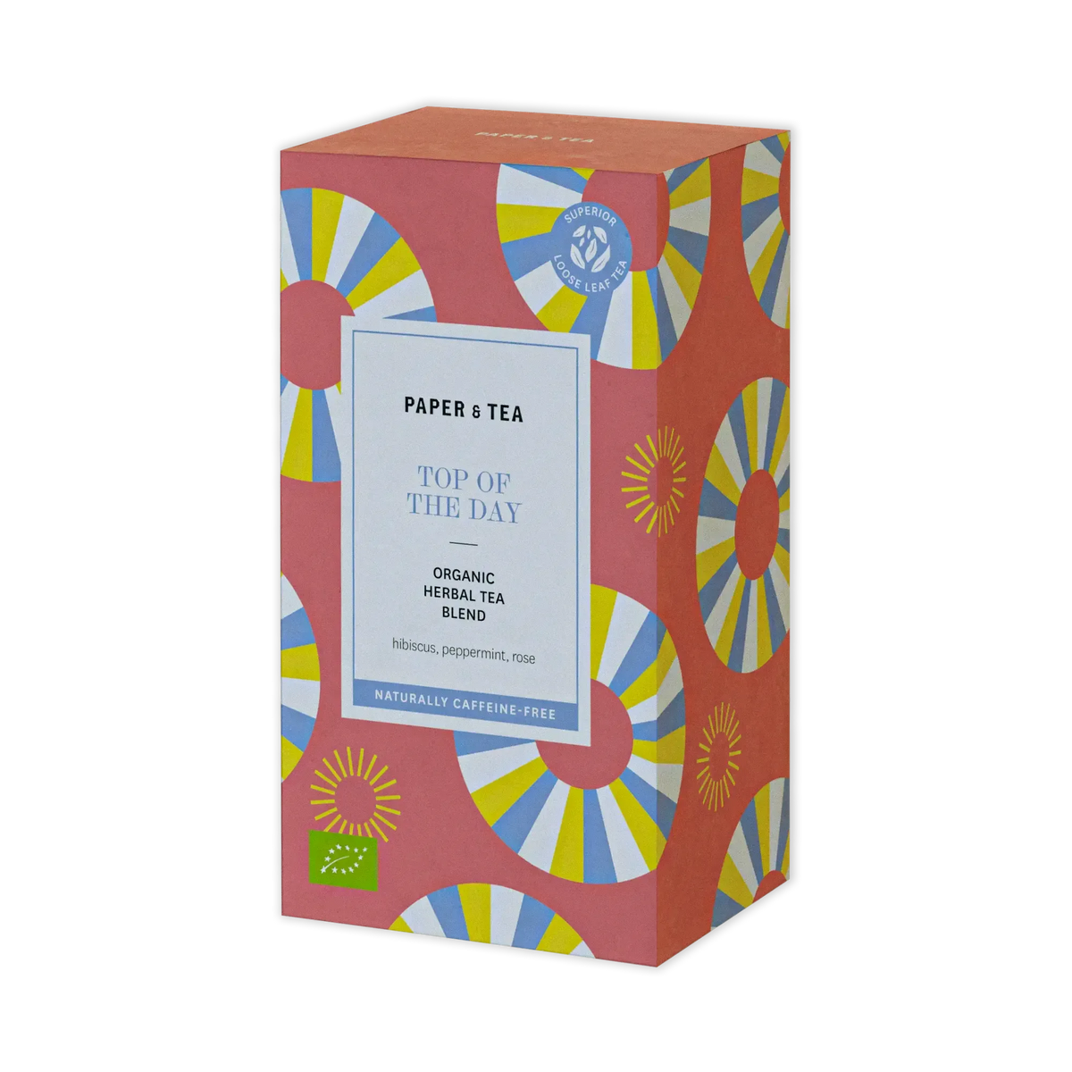 Rechteckige PAPER & TEA Verpackung mit Bio-Kräutertee aus Hibiskus, Pfefferminze und Rose, koffeinfrei