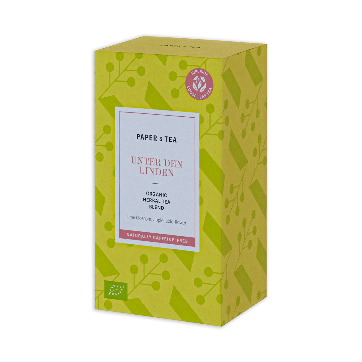 Gelb-grüne Verpackung von PAPER & TEA Kräutertee Unter Den Linden mit Limettenblüte, Apfel, Holunderblüte