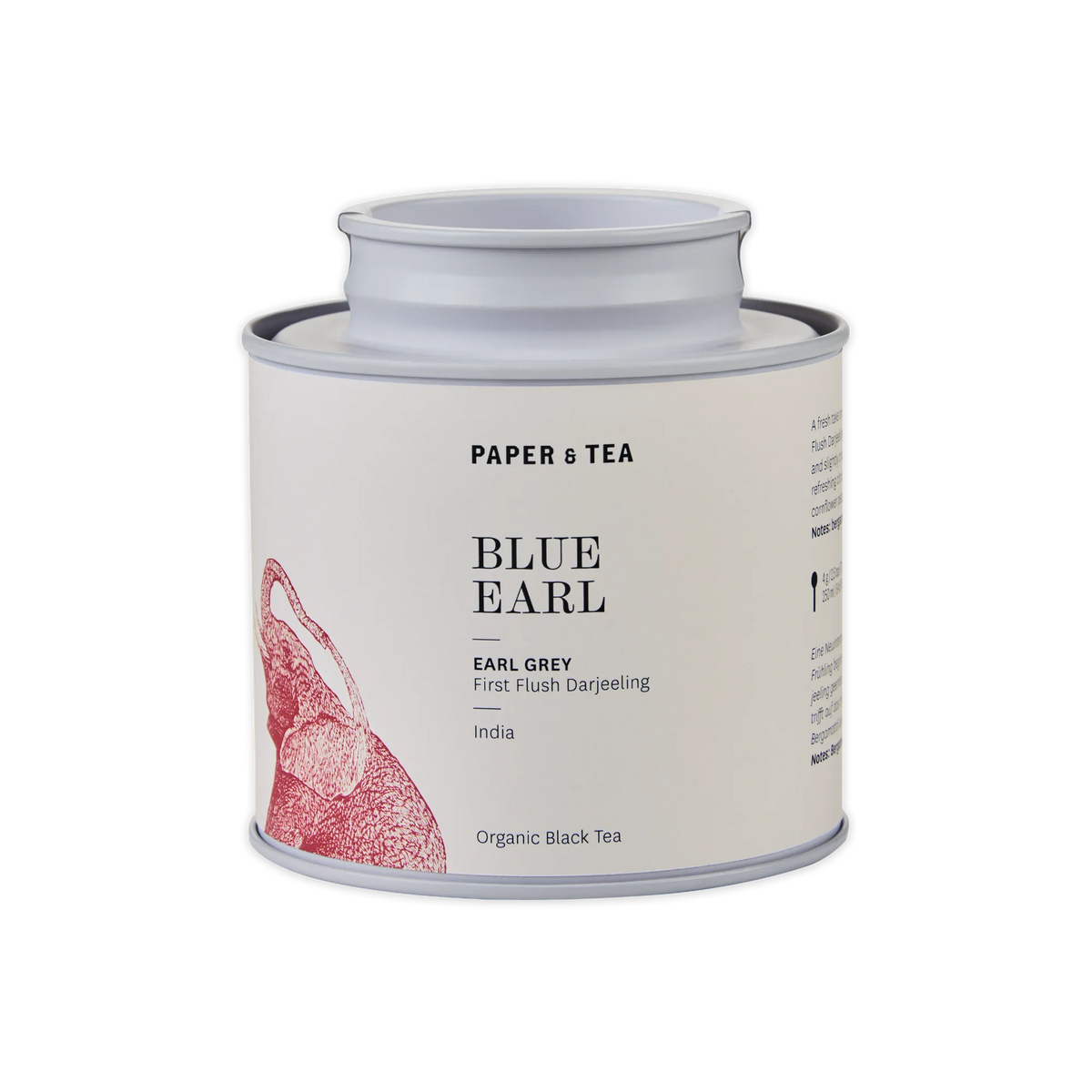 Zylindrische Teedose mit grauem Deckel und roter Illustration, beschriftet mit P&T Blue Earl Organic Black Tea.