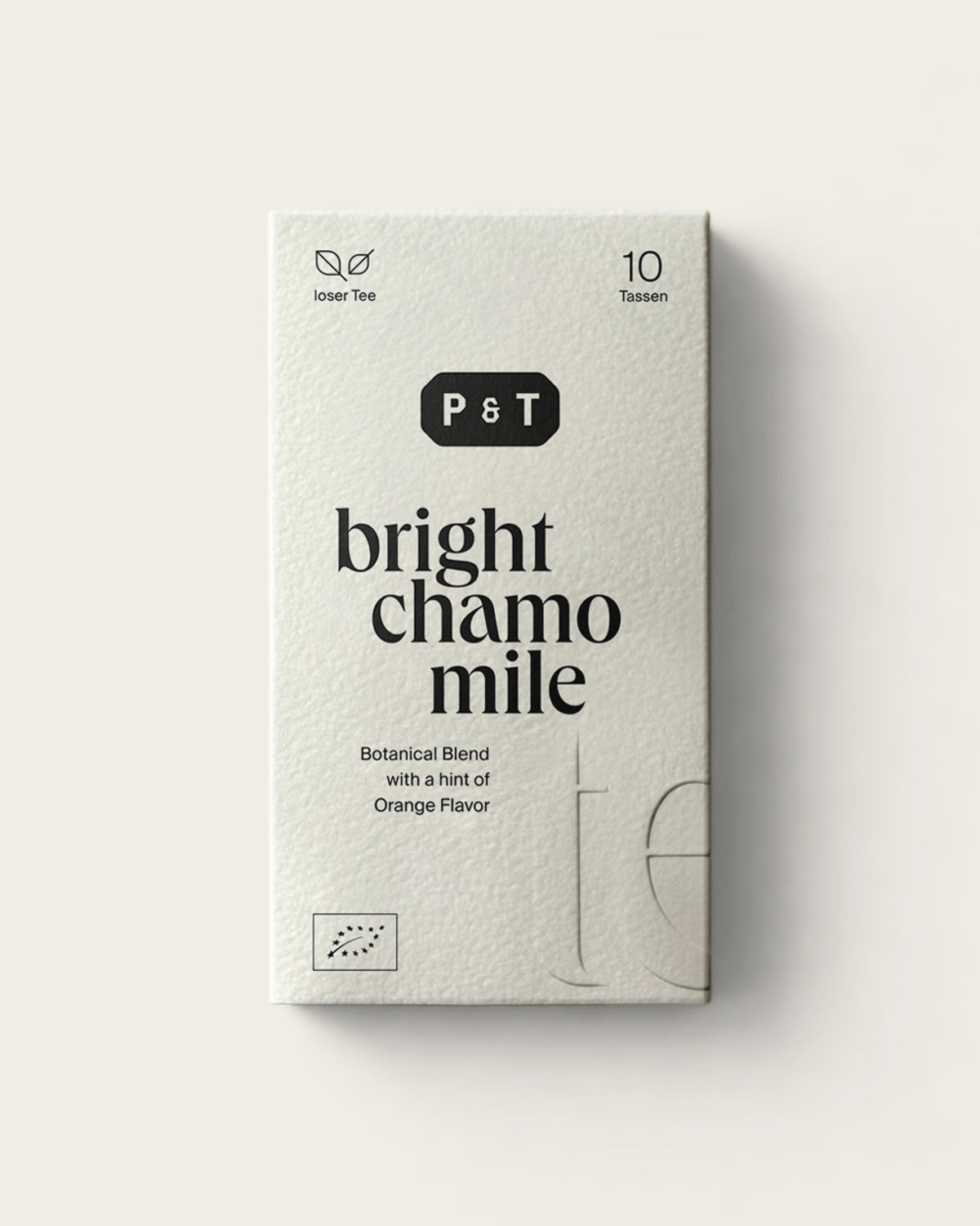 Minimalistische beige P&T Verpackung für losen Bio-Tee, Botanical Blend mit Orangenaroma.