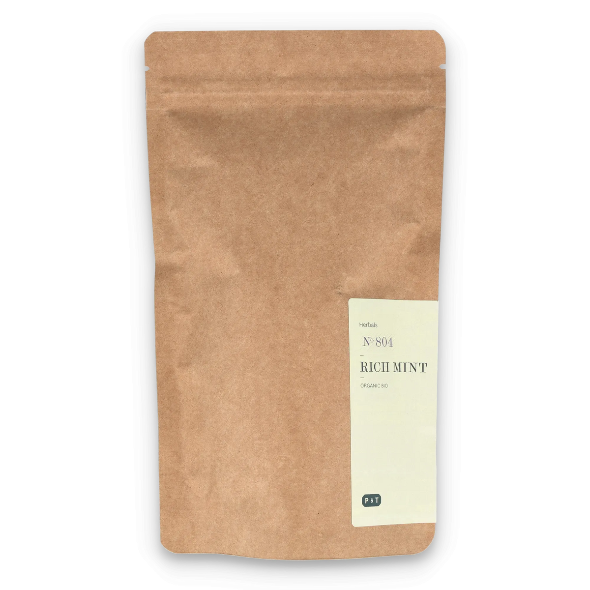 Brauner Kraftpapierbeutel mit beigem Etikett, Aufschrift Rich Mint, Bio-Kräutertee von Paper & Tea.
