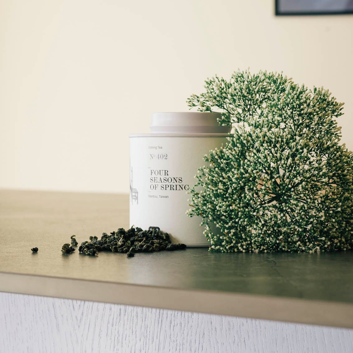 Weiße zylindrische Dose mit Oolong-Tee 'Four Seasons of Spring' aus Nantou, Taiwan, neben losen Teeblättern