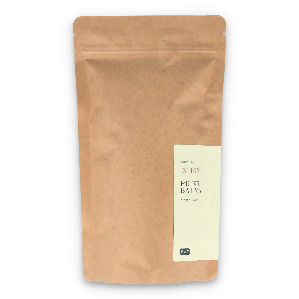 Teebeutel aus Kraftpapier mit Etikett 'White Tea No 103 PU ER BAI YA Yunnan, China P & T', natürliches Design