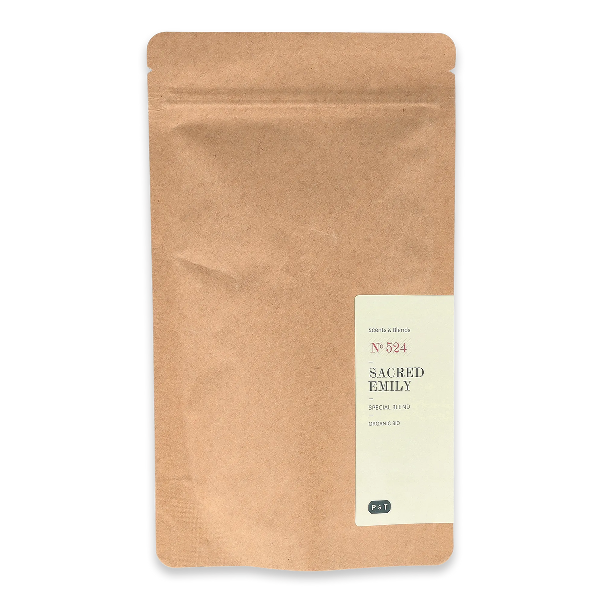 Verschließbare Kraftpapiertüte mit „SACRED EMILY“-Bio-Teemischung von Paper & Tea.