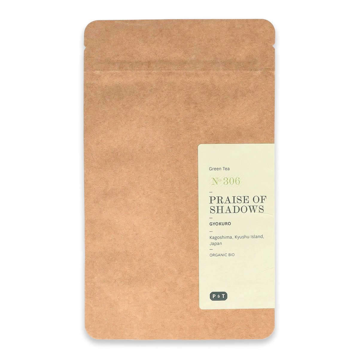 Kraftpapier-Tasche mit Etikett für Bio-Gyokuro-Grüntee aus Kagoshima, Japan, mit P & T Logo.
