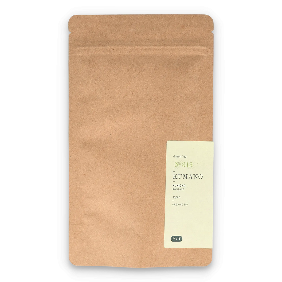 Braune Kraftpapierverpackung mit japanischem Bio-KUKICHA Karigane Grüntee von Paper & Tea.