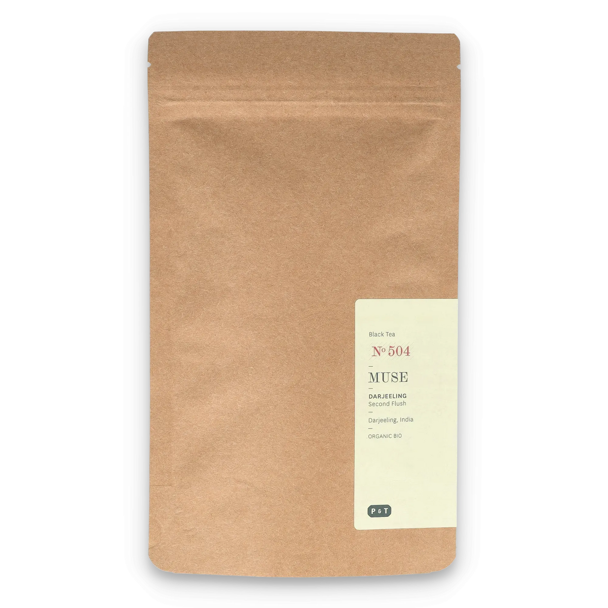 Braune Teeverpackung mit Etikett für Bio Darjeeling Black Tea No 504 MUSE von Paper & Tea