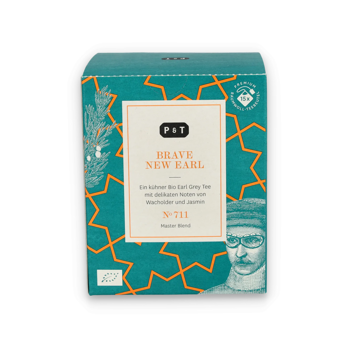 Teebox P & T Brave New Earl mit Bio Earl Grey Tee, Wacholder und Jasminnoten, 15 Baumwoll-Teebeutel