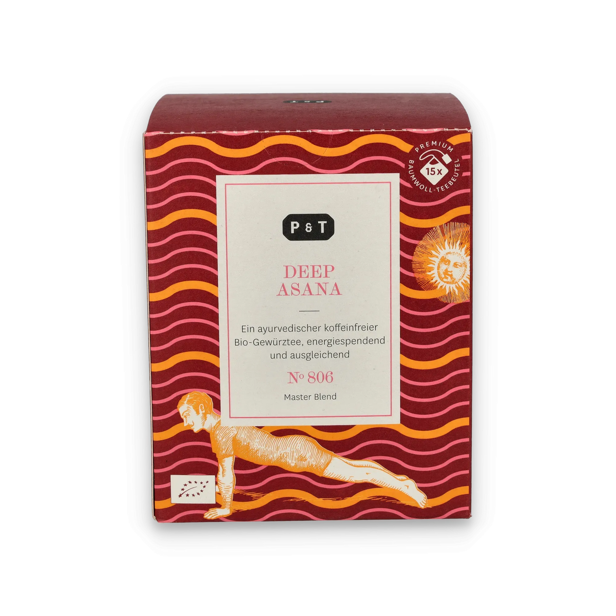 Bunte Verpackung des ayurvedischen Bio-Gewürztees DEEP ASANA mit Baumwoll-Teebeuteln und Yoga-Illustrationen.