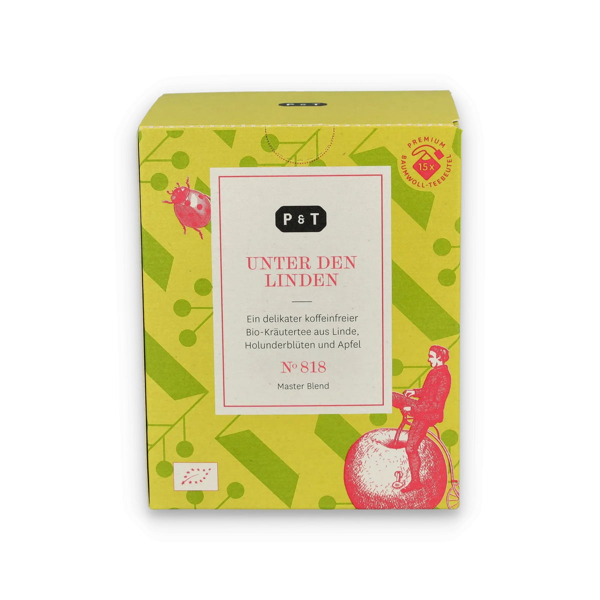 Gelbe Verpackung des koffeinfreien Bio-Kräutertees Unter Den Linden mit Marienkäfer- und Fahrrad-Illustration