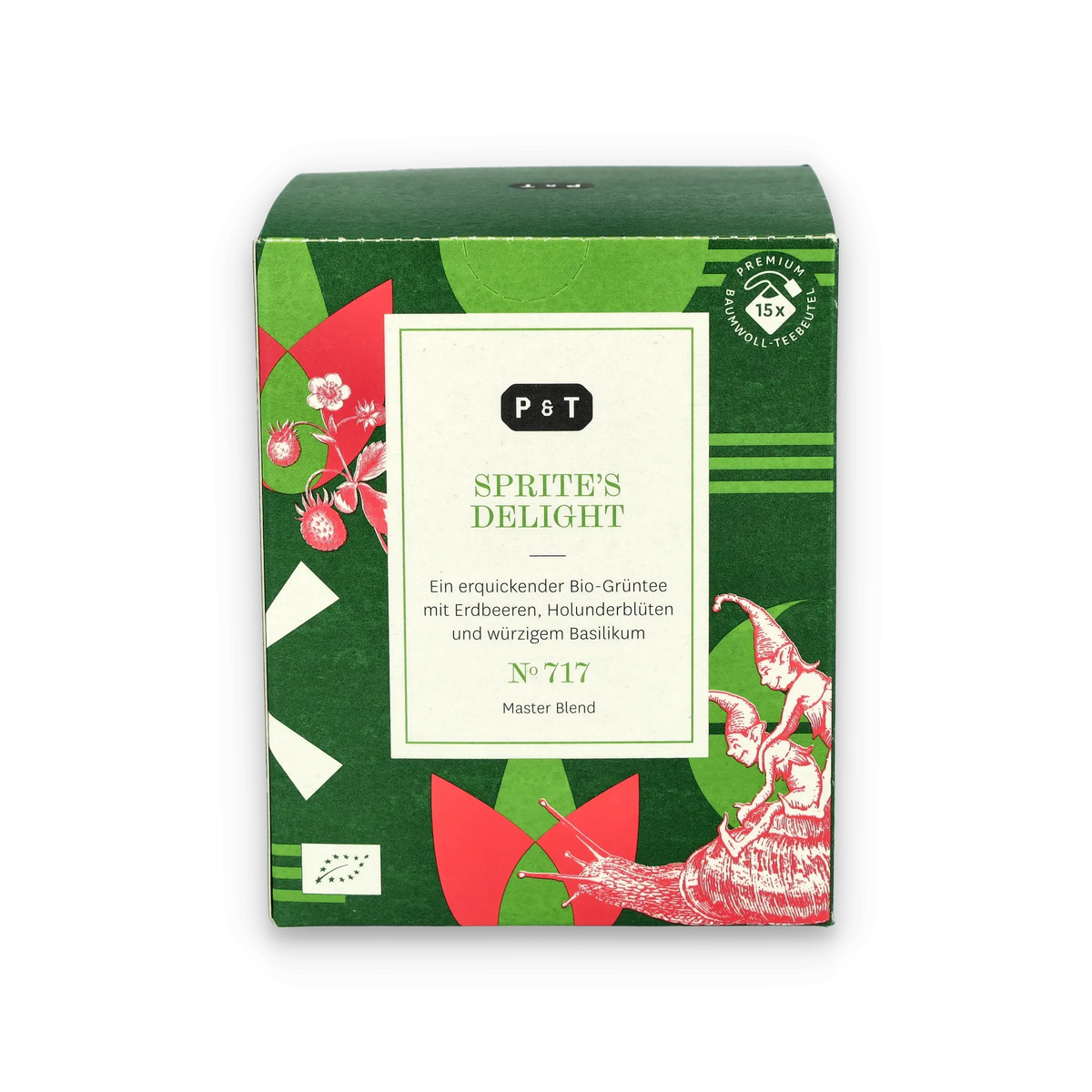 Grüne Teebox 'SPRITE'S DELIGHT' von P & T mit Bio-Grüntee, Erdbeeren, Basilikum, roten Elfen und Erdbeerillustrationen.