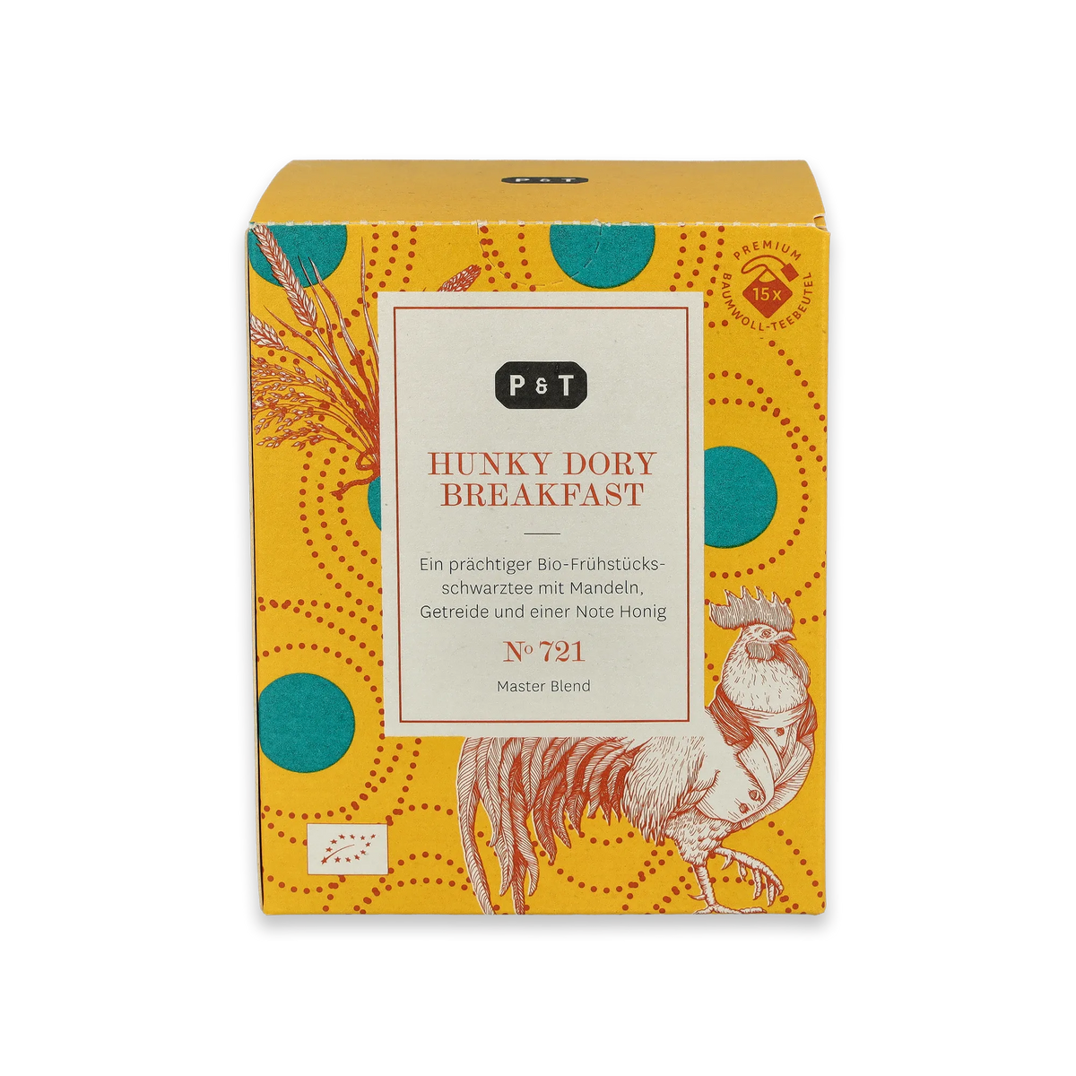 Gelbe Verpackung von P & T HUNKY DORY BREAKFAST, Bio-Frühstücksschwarztee mit Mandeln und Honignote