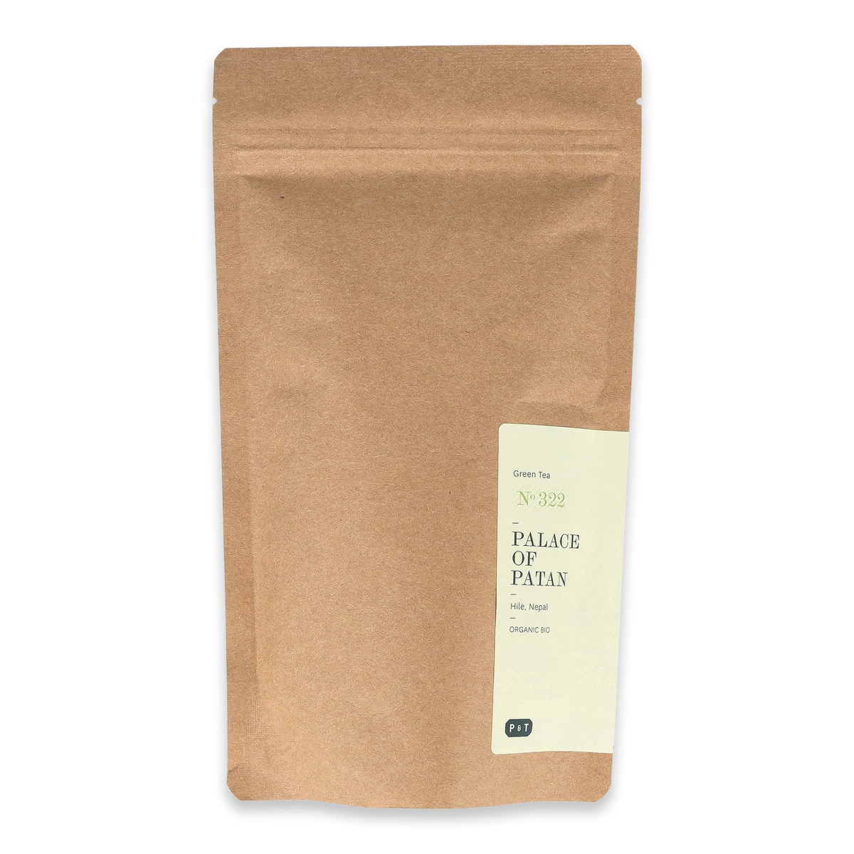Kraftpapierverpackung mit Zipper, Etikett für Bio Grüntee No 322, Hile, Nepal von P & T.