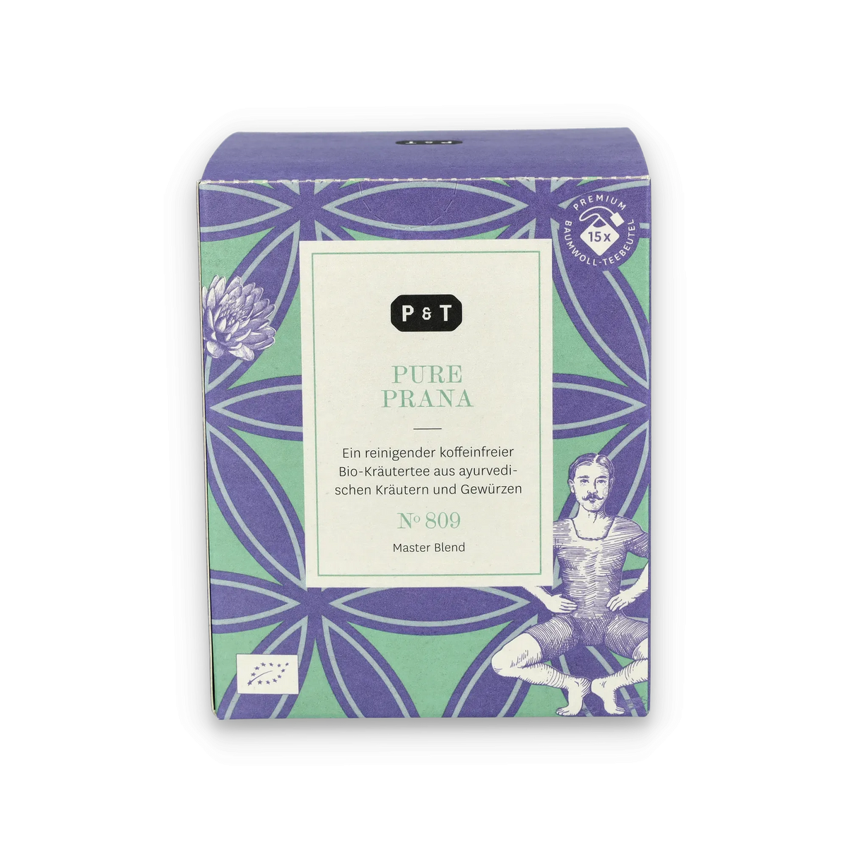 Teepackung PURE PRANA von P & T mit Bio-Kräutertee und vintage Illustration.