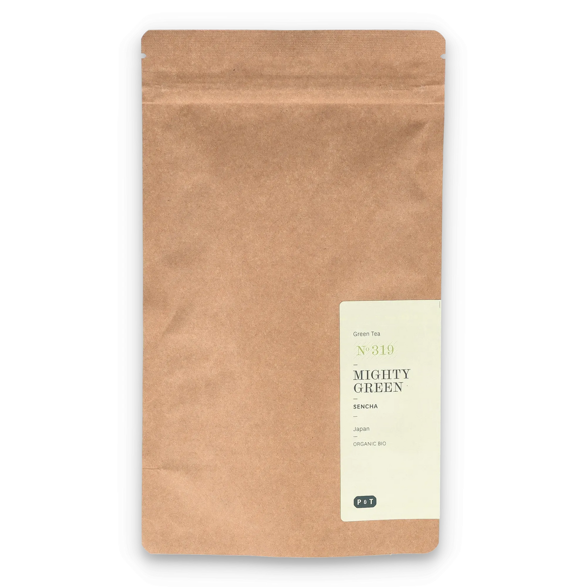 Braune Kraftpapier-Verpackung mit weißem Etikett für MIGHTY GREEN Sencha Bio-Grüntee von P & T