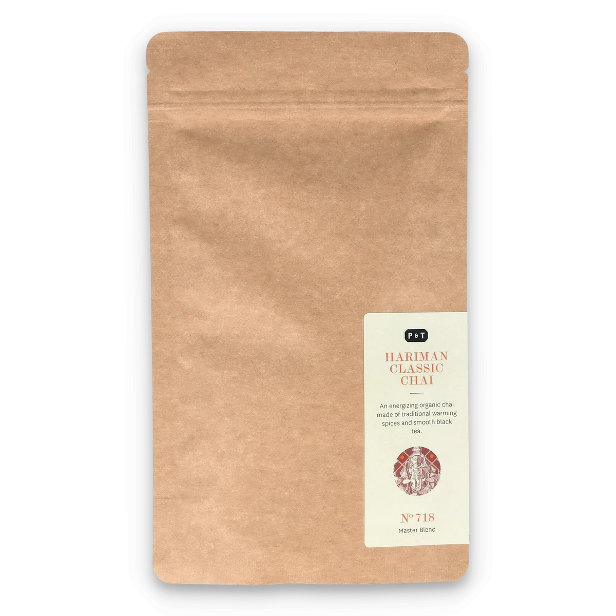 Braune Kraftpapierverpackung mit Etikett für P & T HARIMAN CLASSIC CHAI, Bio-Chai mit Gewürzen und Schwarztee.