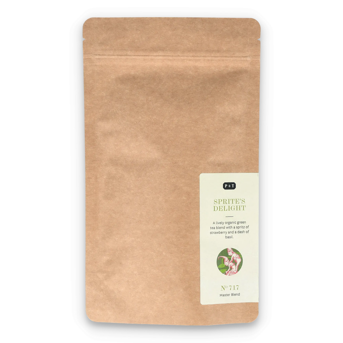 Braune Kraftpapier-Tüte für Bio-Grüntee mit Erdbeer- und Basilikum von P & T, wiederverschließbar.