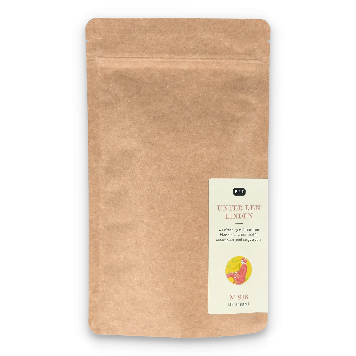 Braune Kraftpapier-Verpackung mit weißem Etikett, koffeinfreier Bio-Tee, P & T Unter den Linden.