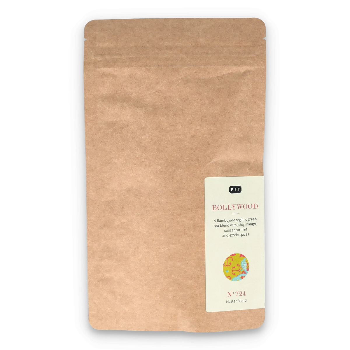 Braune Kraftpapier-Tüte mit Etikett für Bio-Bollywood-Grüntee-Mischung mit Mango, Minze und Gewürzen.