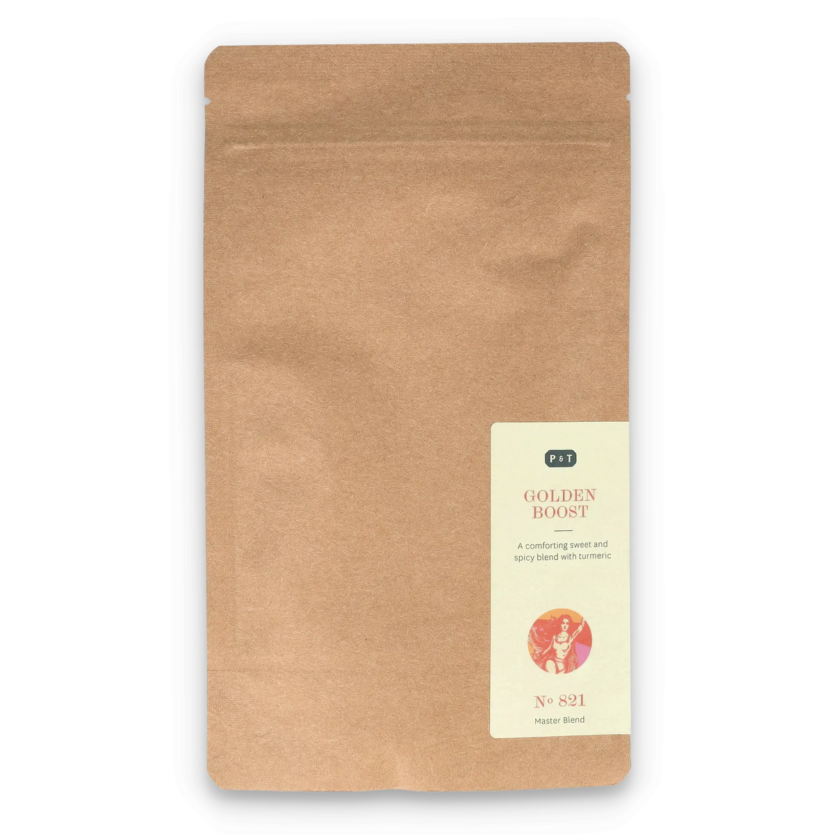 Braune Kraftpapiertüte mit Etikett 'GOLDEN BOOST', Kurkuma-Tee von P & T