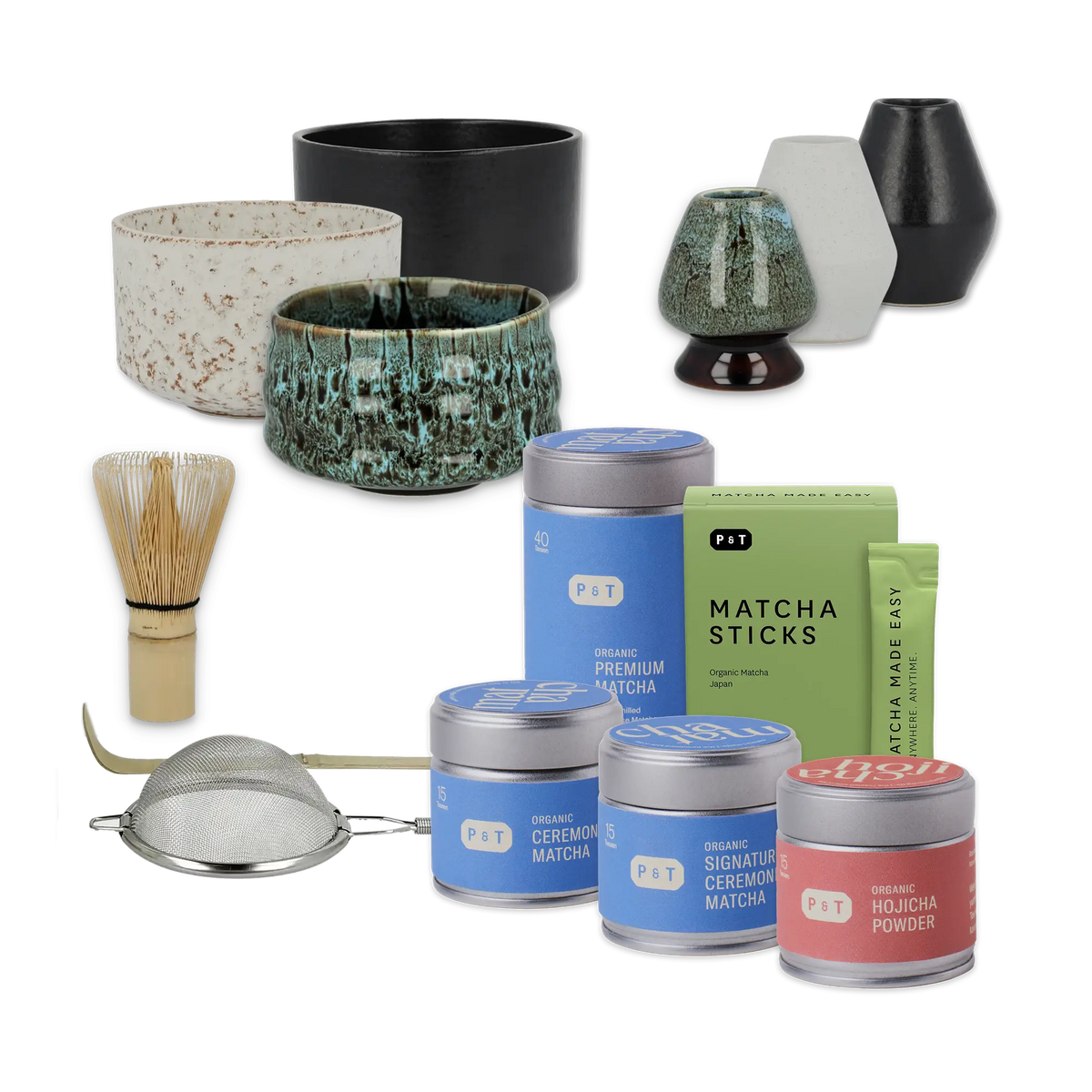 Premium Bio-Matcha und Hojicha Tee von P&T mit Tassen, Matcha Sticks und Zubehör zur Teezubereitung